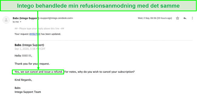 Skærmbillede af e-mail-samtale med Intego kundesupport, der straks behandler min anmodning om refusion uden spørgsmål.