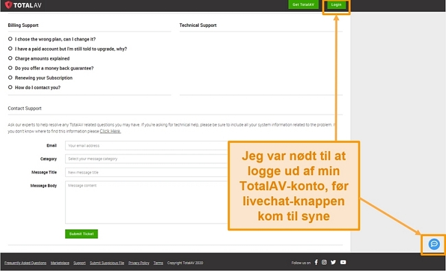 Skærmbillede af TotalAVs live chat-funktion
