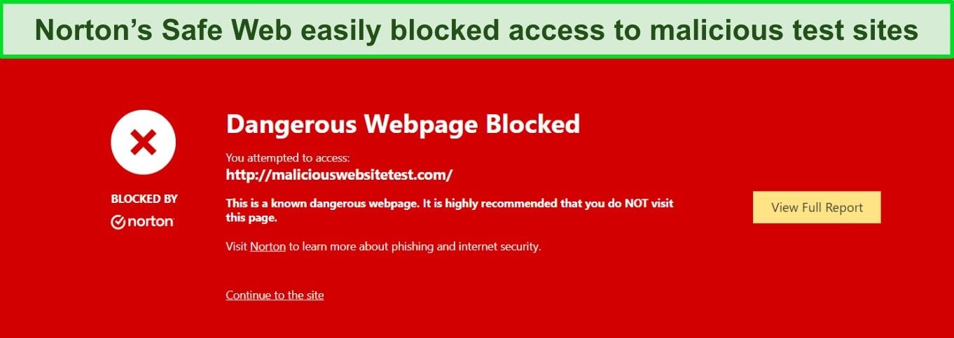 Screenshot of Norton Safe Web browser extension blocking a malicious website