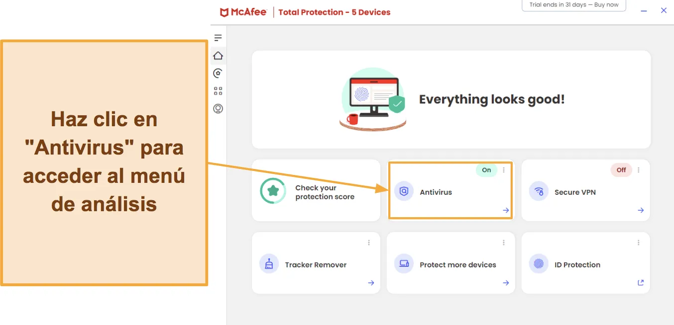 Capturas de pantalla que muestran cómo acceder a los análisis de virus de McAfee.