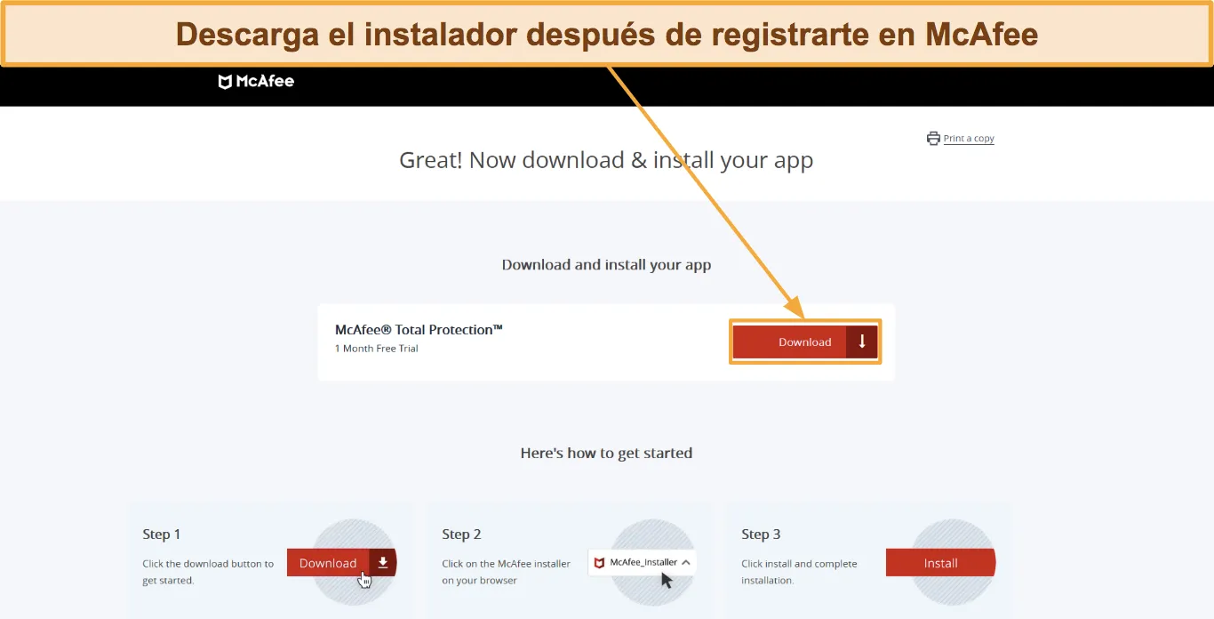 Captura de pantalla que muestra cómo descargar la configuración de McAfee.