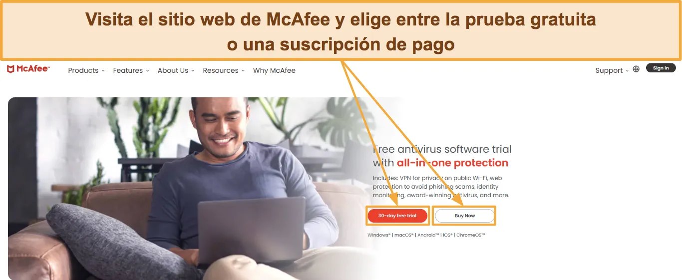 Captura de pantalla que muestra cómo elegir una suscripción a McAfee.