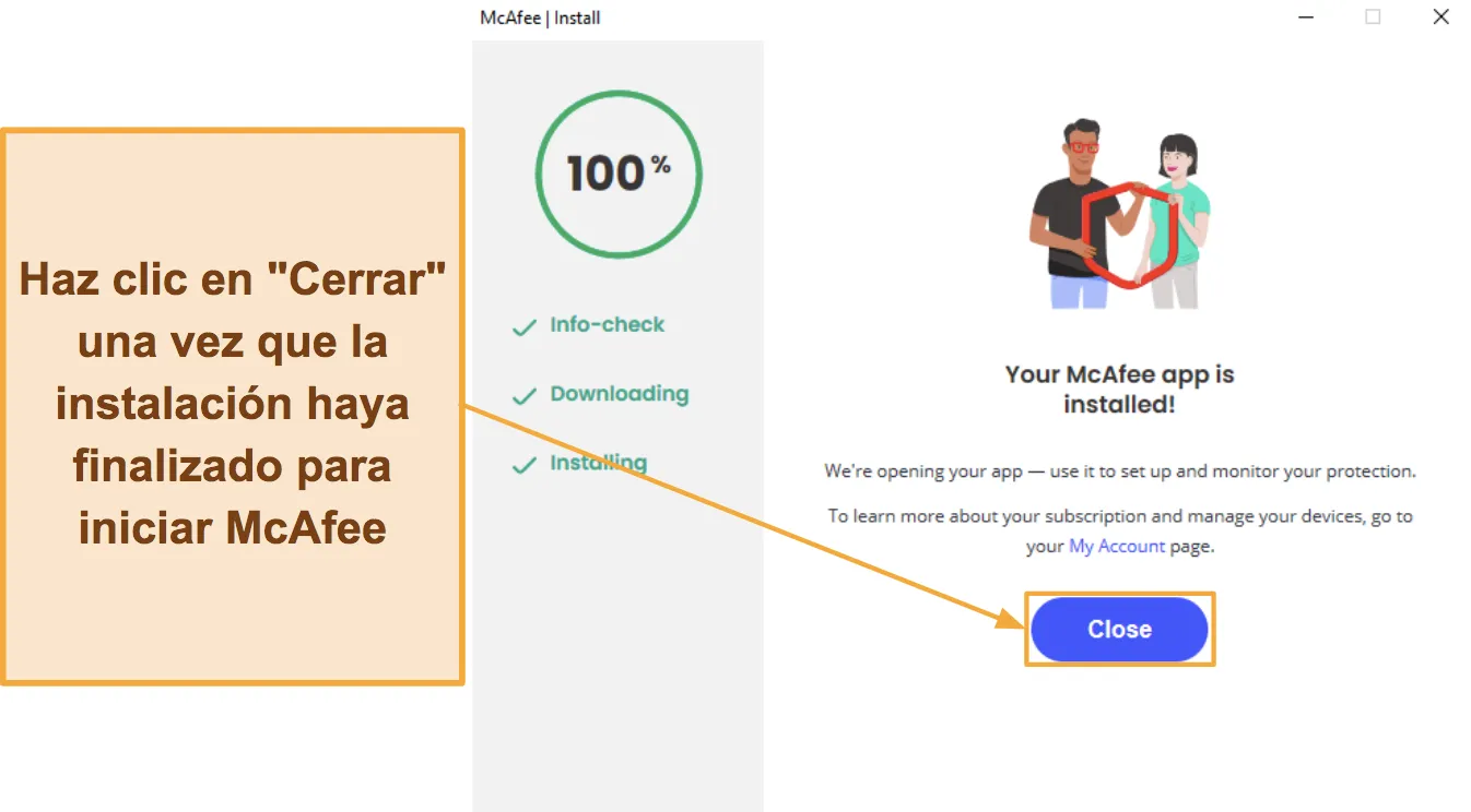 Captura de pantalla que muestra cómo finalizar la instalación de McAfee.