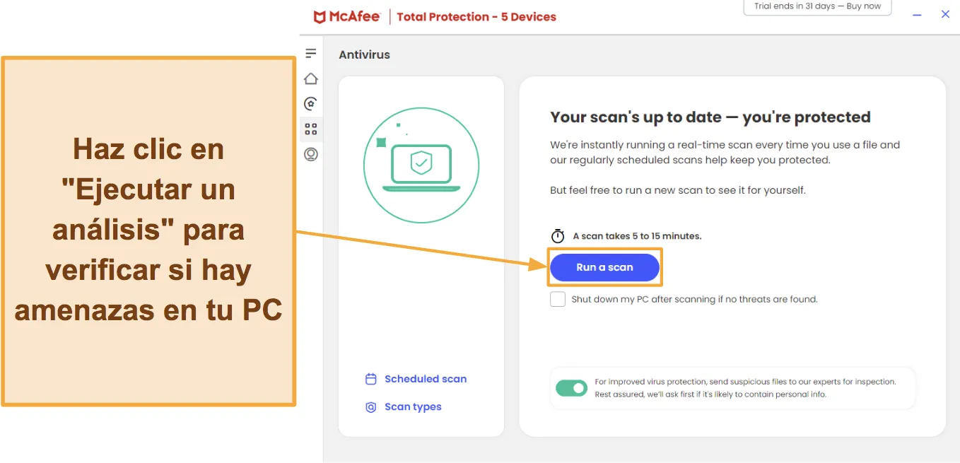 Captura de pantalla que muestra cómo iniciar un análisis con McAfee.