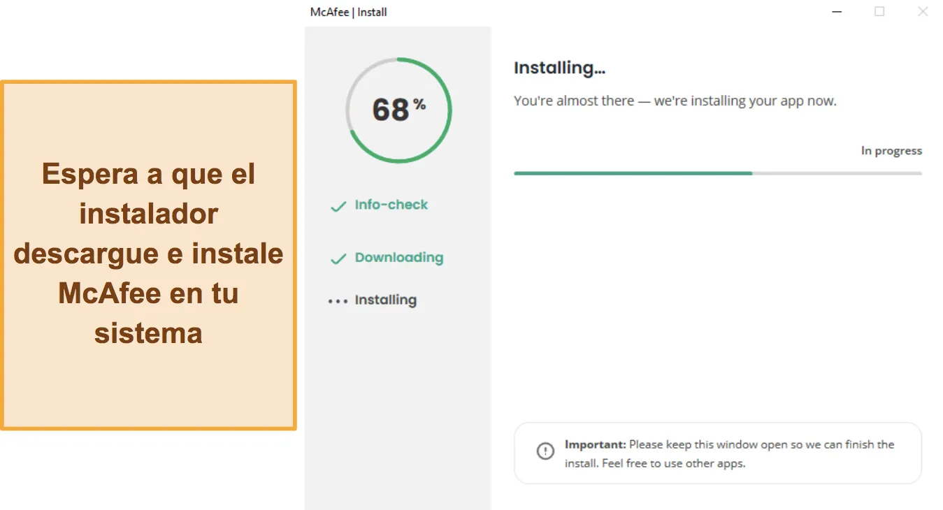 Captura de pantalla que muestra la instalación de McAfee en progreso.