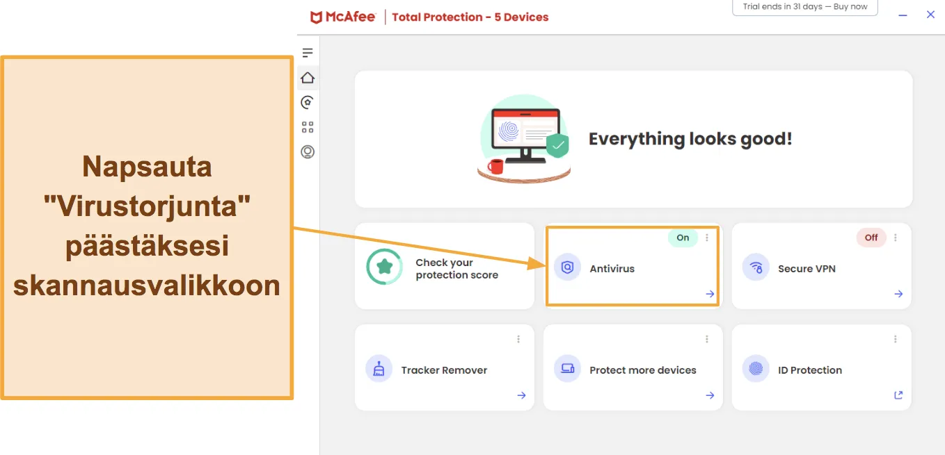 Näyttökaappaukset, jotka näyttävät kuinka pääset McAfeen virustarkistuksiin.