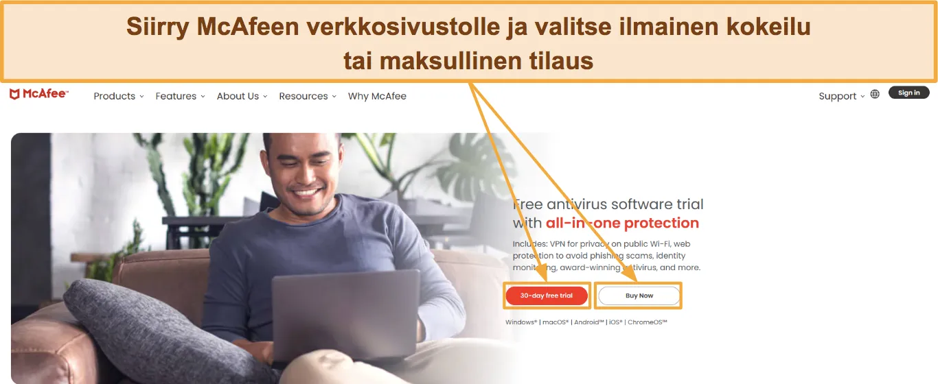 Näyttökuva, joka näyttää kuinka valita McAfee-tilaus.