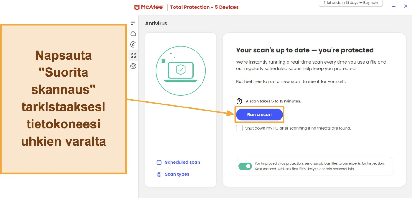 Näyttökaappaus, joka näyttää kuinka aloitat skannauksen McAfeella.