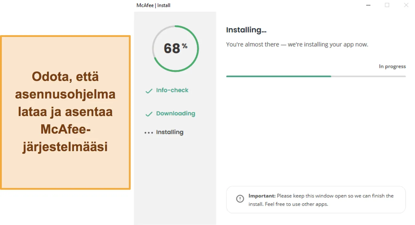 Näyttökaappaus, jossa näkyy McAfeen asennus käynnissä.