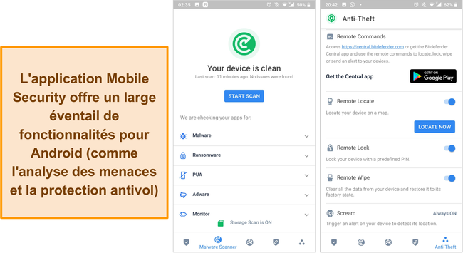 Capture d'écran de l'application Mobile Security de Bitdefender.