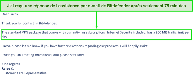 Capture d'écran d'un e-mail d'assistance de Bitdefender.