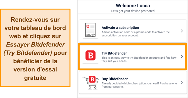 Capture d'écran montrant comment démarrer un essai pour Bitdefender à partir de son tableau de bord Web Bitdefender Central.