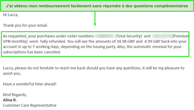 Capture d'écran d'un e-mail de demande de remboursement réussi d'un agent du support Bitdefender.