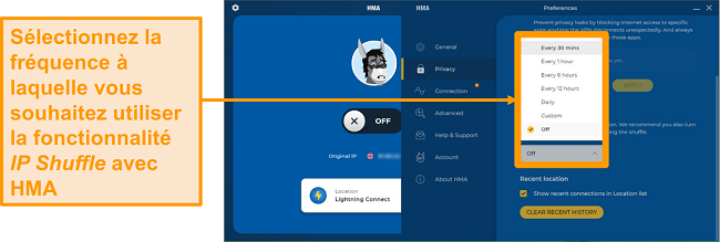 Capture d’écran de l’application VPN HMA montrant la fonctionnalité IP Shuffle