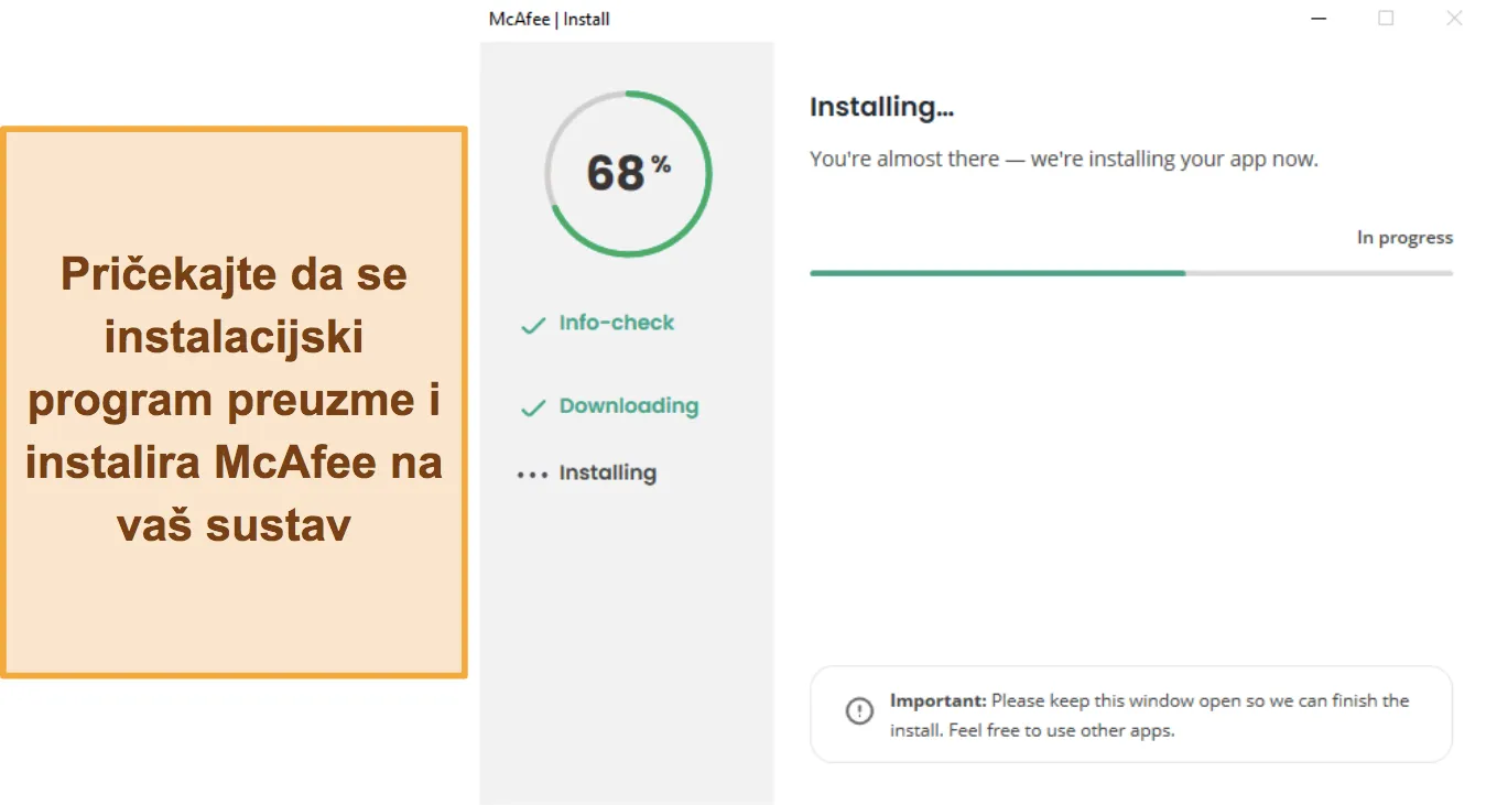 Snimka zaslona koja prikazuje McAfee instalaciju u tijeku.