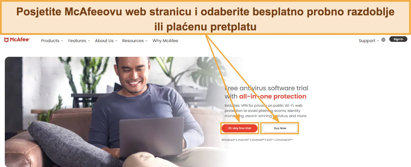 Snimak zaslona koji pokazuje kako odabrati pretplatu na McAfee.