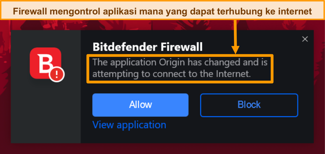 Tangkapan layar dari pemberitahuan firewall Bitdefender.