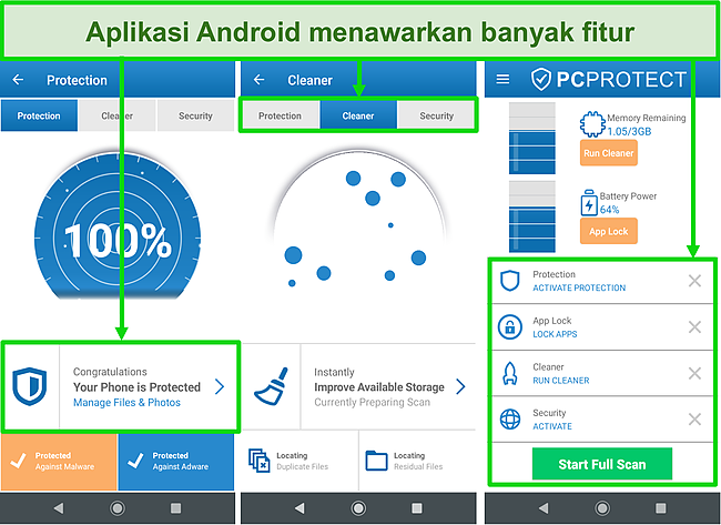 Tangkapan layar aplikasi Android PC Protect yang menawarkan banyak fitur.