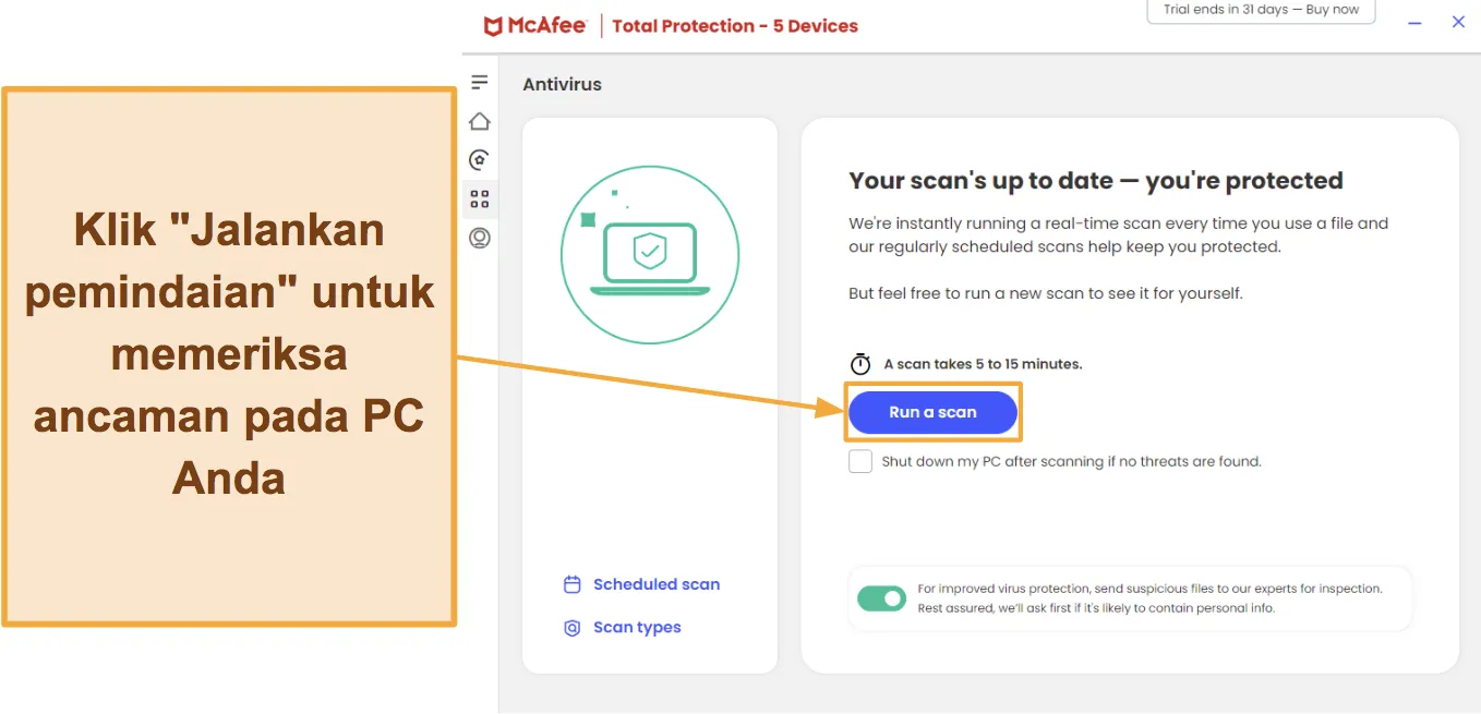 Cuplikan layar yang menunjukkan cara memulai pemindaian dengan McAfee.