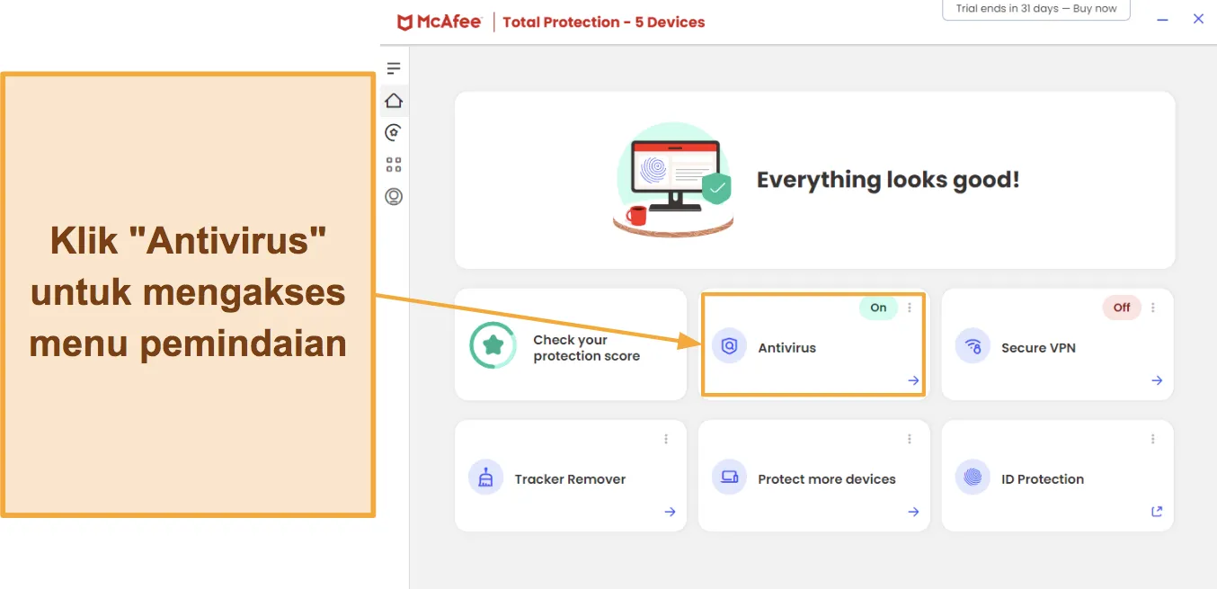 Cuplikan layar yang menunjukkan cara mengakses pemindaian virus McAfee.