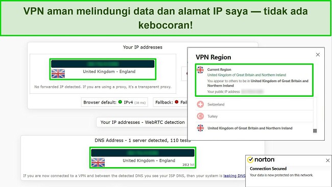 Cuplikan layar VPN Aman Norton terhubung ke server Inggris, dengan hasil tes kebocoran IP menunjukkan tidak ada kebocoran data.