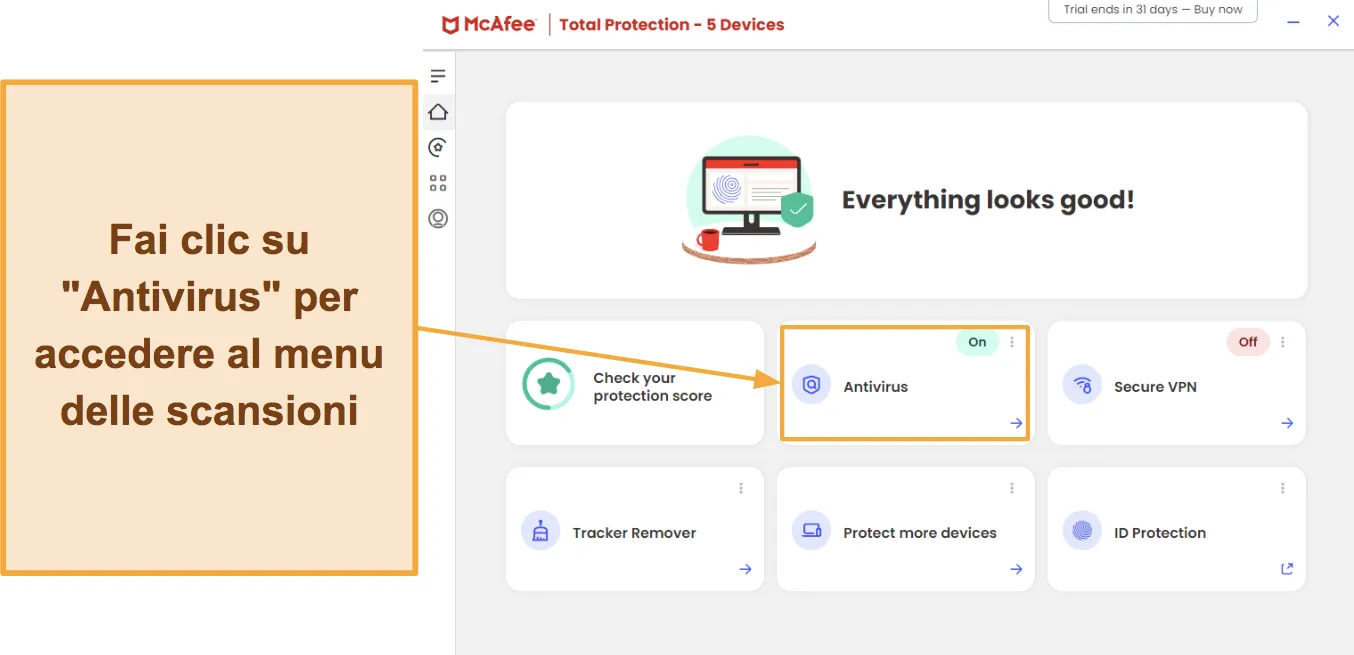 Screenshot che mostra come accedere alle scansioni antivirus di McAfee.