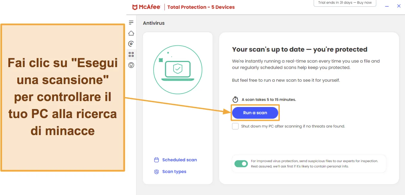 Screenshot che mostra come avviare una scansione con McAfee.