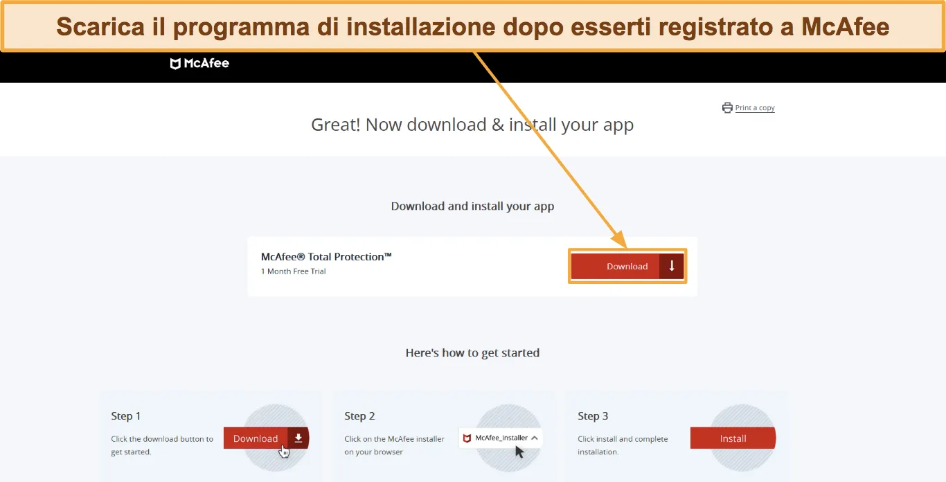 Screenshot che mostra come scaricare il programma di installazione di McAfee.