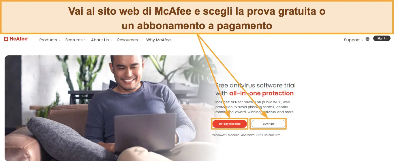 Screenshot che mostra come scegliere un abbonamento McAfee.