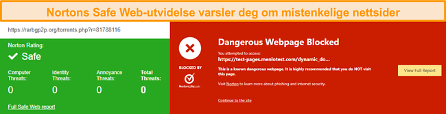 Skjermbilde av Norton Safe Web som bekrefter at et nettsted er trygt eller farlig.