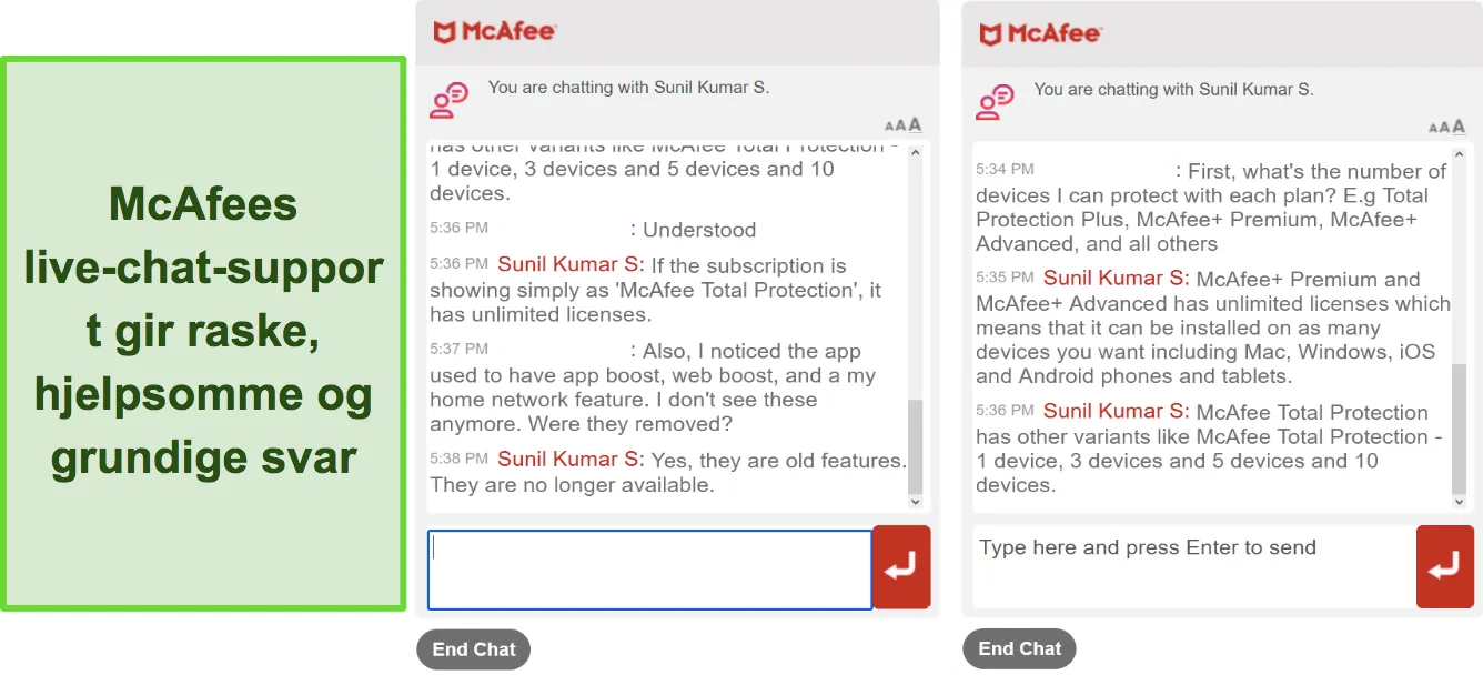 Skjermbilde av en samtale med McAfees live chat-støtte.