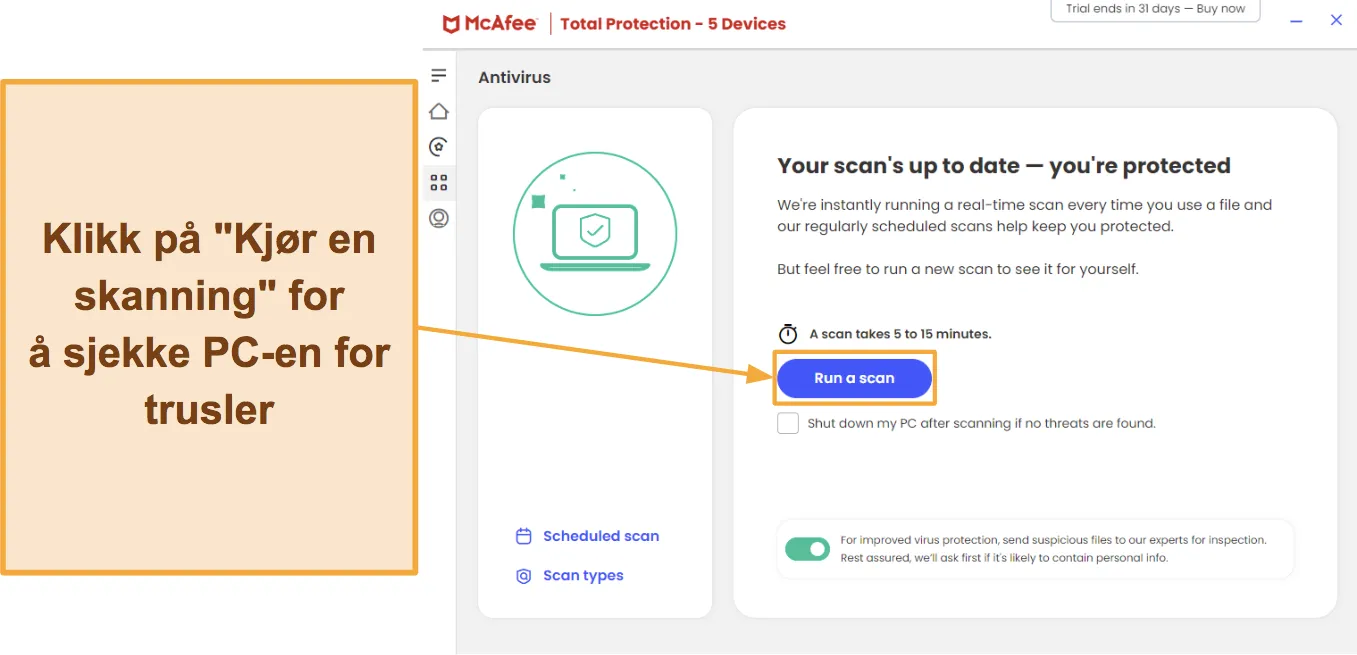 Skjermbilde som viser hvordan du starter en skanning med McAfee.