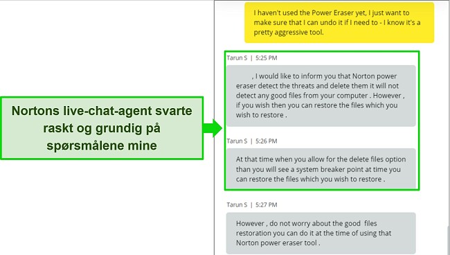 Skjermbilde av Nortons live chat-agent som svarer på et spørsmål om Power Eraser-verktøyet.