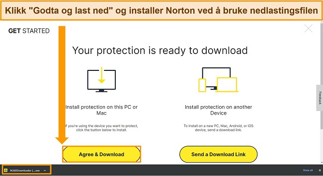 Skjermbilde av Agree & Download Norton-nettsiden, og fremhever installasjonsfilen.