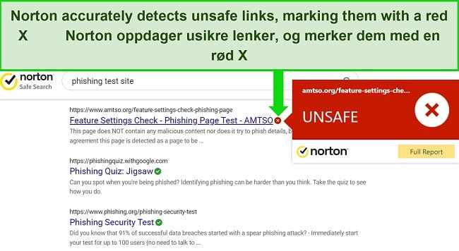 Skjermbilde av Nortons Safe Search-nettleserutvidelse som nøyaktig oppdager trygge og usikre nettadresser