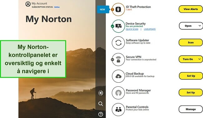 Skjermbilde av Nortons My Norton-dashbord-grensesnitt på Windows.