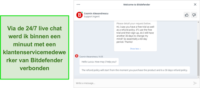 Screenshot van een live chatgesprek met een Bitdefender-ondersteuningsagent.
