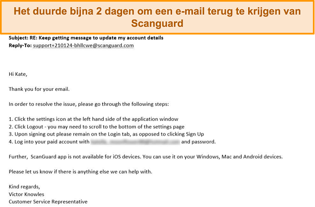 Screenshot van de e-mailreactie van de klantenondersteuning van Scanguard.