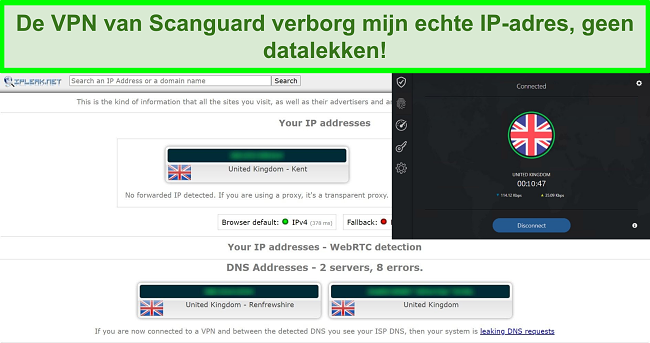 Screenshot van Scanguard's VPN en een IP-lektest waaruit blijkt dat er geen datalekken zijn.