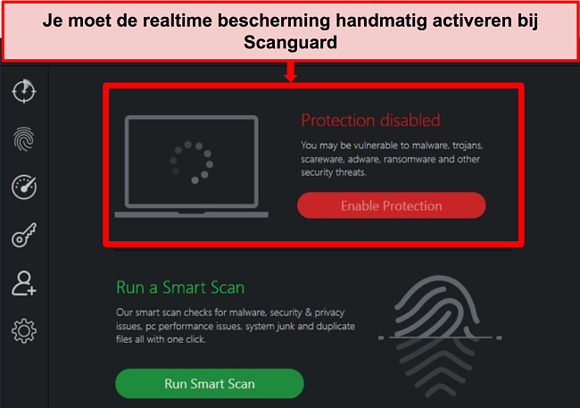 Screenshot van Scanguard's antivirus-app met realtime bescherming uitgeschakeld.