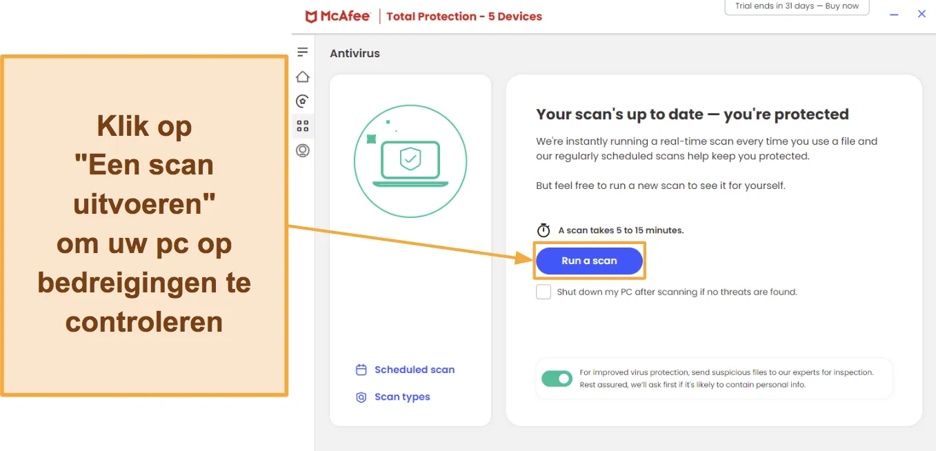 Screenshot van hoe u een scan start met McAfee.