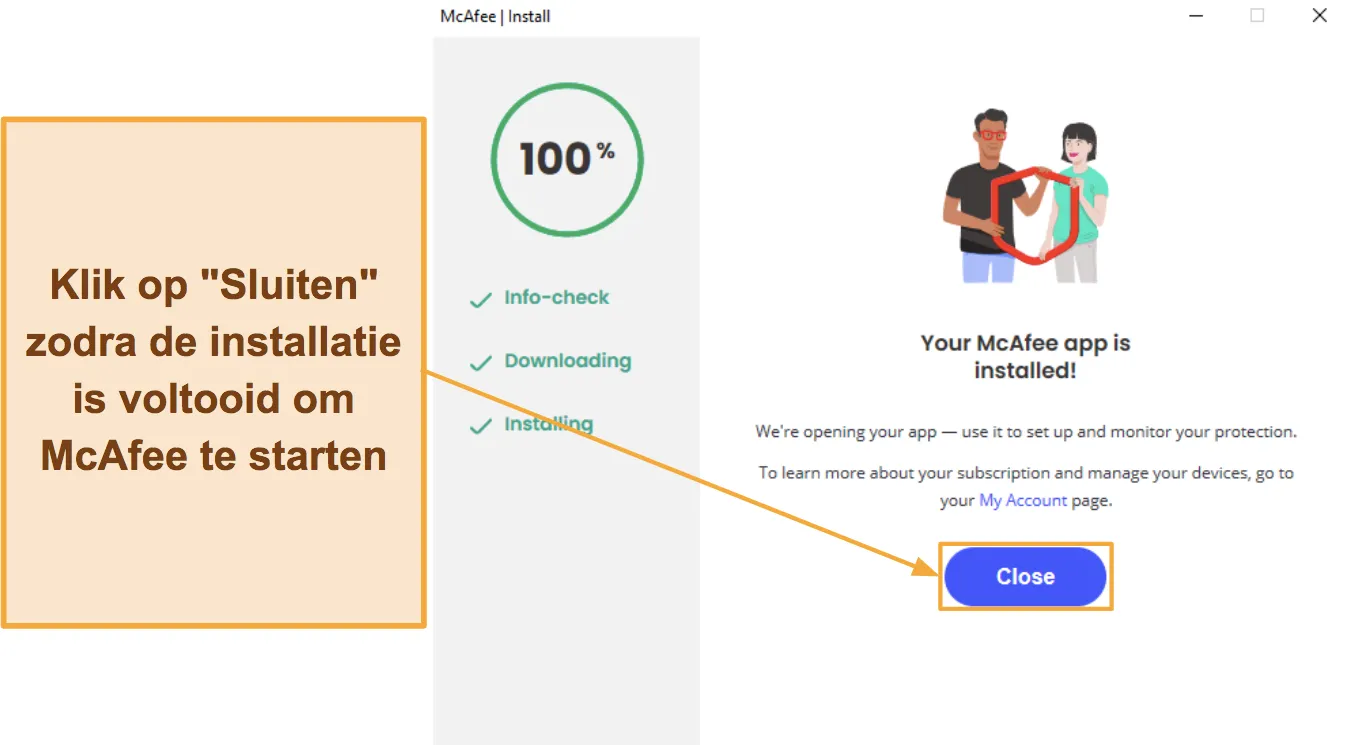 Screenshot van hoe u de installatie van McAfee voltooit.