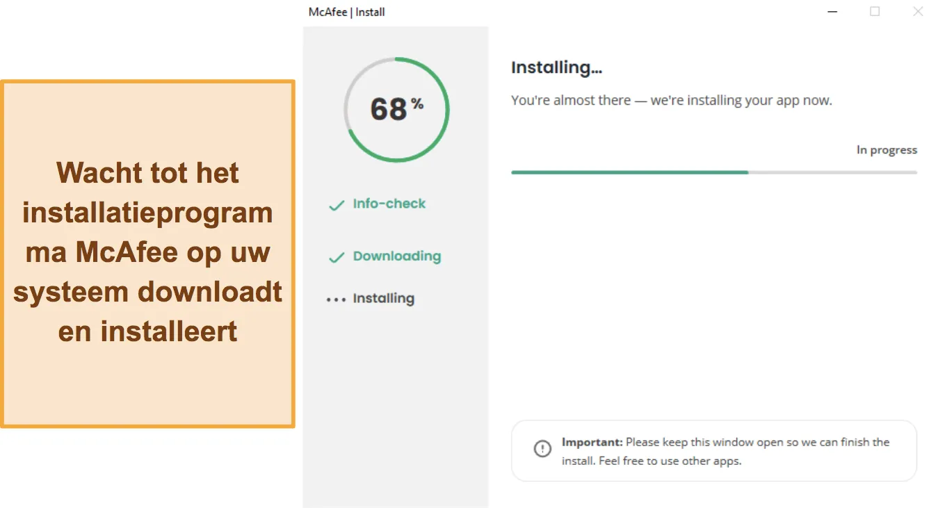 Screenshot van hoe de installatie van McAfee wordt uitgevoerd.