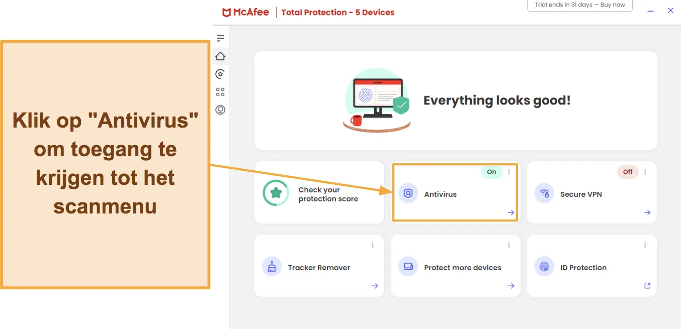 Screenshots van hoe u toegang krijgt tot de virusscans van McAfee.