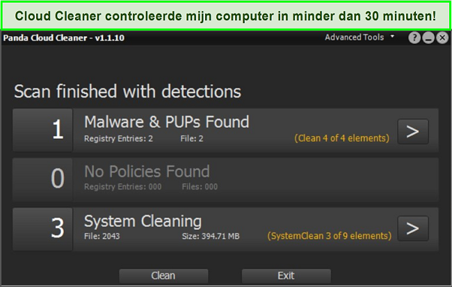 Screenshot van Panda's Cloud Cleaner-functie met een voltooide scan