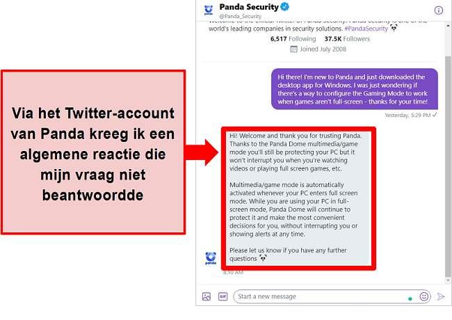 Screenshot van Panda's Twitter-antwoord op een specifieke configuratievraag