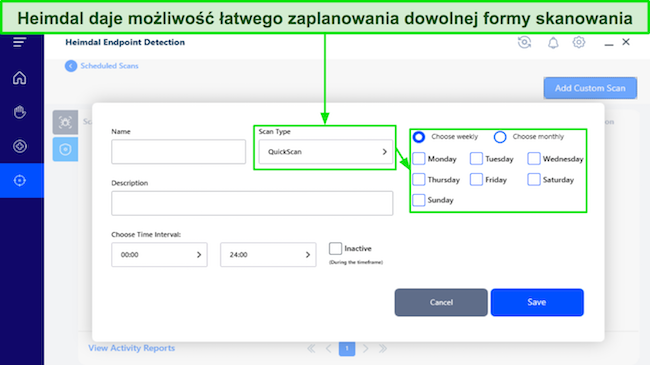 Zrzut ekranu funkcji planowania skanowania Heimdala