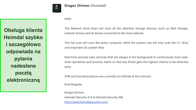Zrzut ekranu przedstawiający odpowiedź od działu obsługi klienta firmy Heimdal