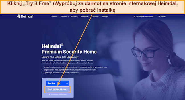 Zrzut ekranu pokazujący, jak pobrać wersję próbną Heimdala z jego strony internetowej