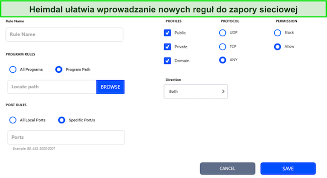 Zrzut ekranu pokazujący, jak dodać nowe reguły do zapory sieciowej Heimdala